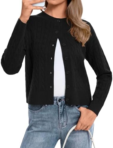 Cropped Cardigan Sweaters Long Sleeve Button Up Cable Knit