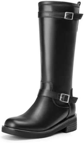 Knee High Boots Round Toe Chunk Heel Buckle Riding Boots