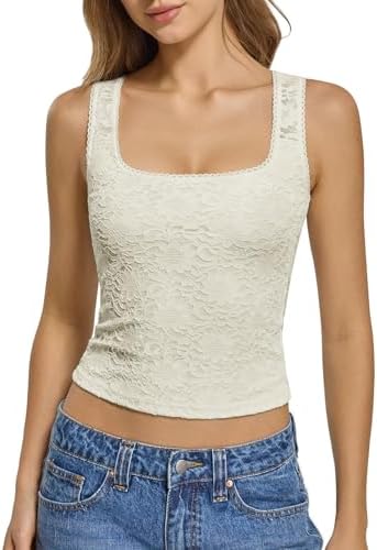 Lace Trim Crop Tank Top Square Neck Double Lined
