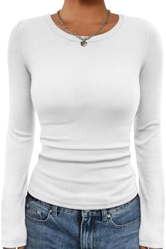 Long Sleeve Crewneck Ribbed Tops Fall Fitted Stretch