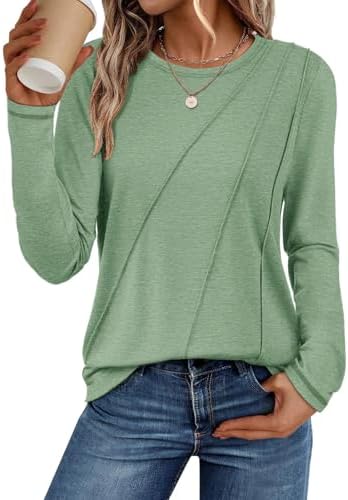 Long Sleeve Shirts Pleated Crew Neck Casual Tops