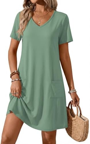 Summer Dresses Loose V Neck Short Sleeve Casual T Shirt