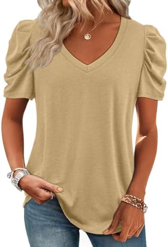Summer Shirt V Neck Casual Tshirts Puff Sleeve Tops Trendy