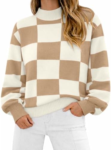 Sweaters Turtleneck Tops Long Sleeve Plaid Ribbed Knit Loose