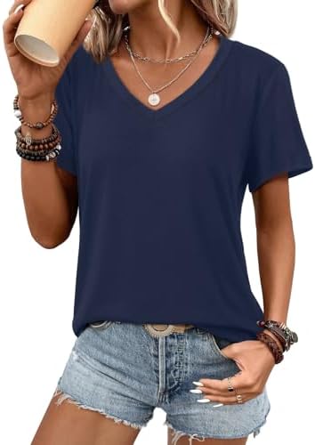 V Neck Short Sleeve Summer T Shirts Curved Hem Plain Top